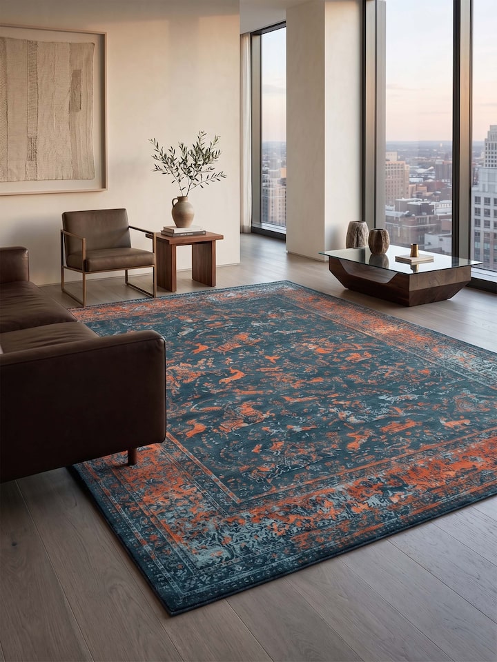 Styled view of Transitional Persian Blue Shikargah Bhadohi Wool & Bamboo Silk Hand Knotted Rug styled in a room setting