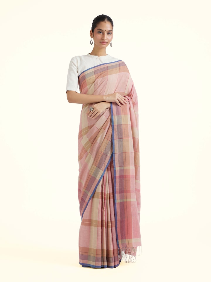 Front view of brown cotton Bengal Jamdani saree with delicate motifs