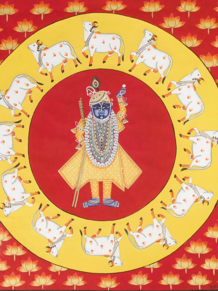 Detail view of the Shrinathji Circling Cows Pichwai Painting