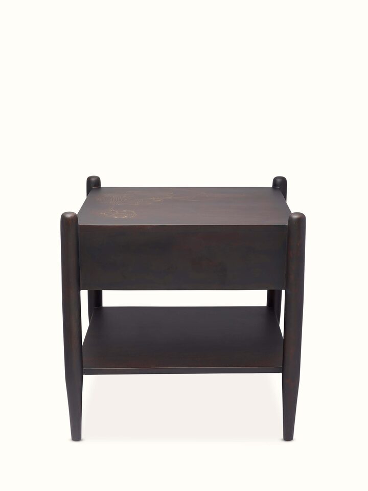 Back view of Sheesham Wood & Brass Tarkashi Bedside Table showcasing overall structure