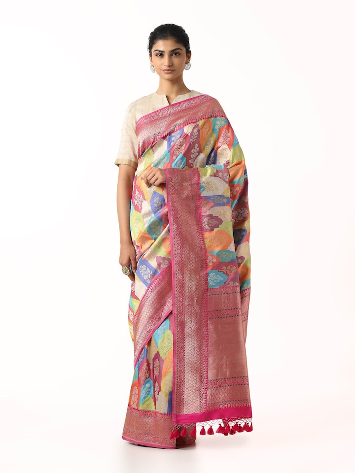 Front view of silk Banarasi saree with rich woven zari motifs