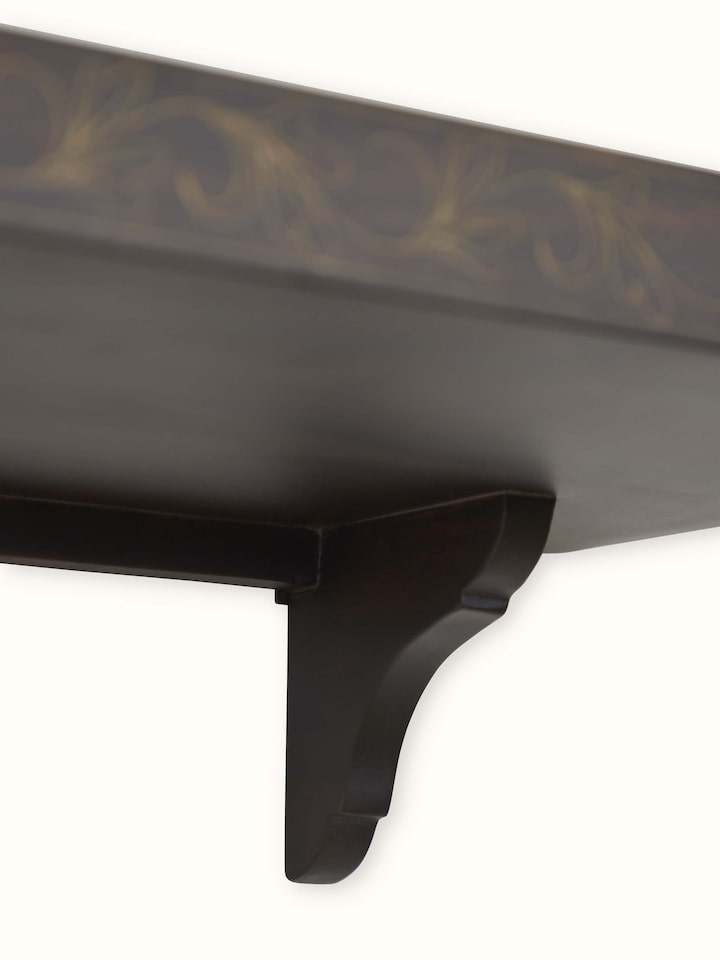 Close-up view of Sheesham Wood & Brass Tarkashi Rectangular Wall Shelf showing the fine Tarkashi brass inlay details and smooth wood finish.