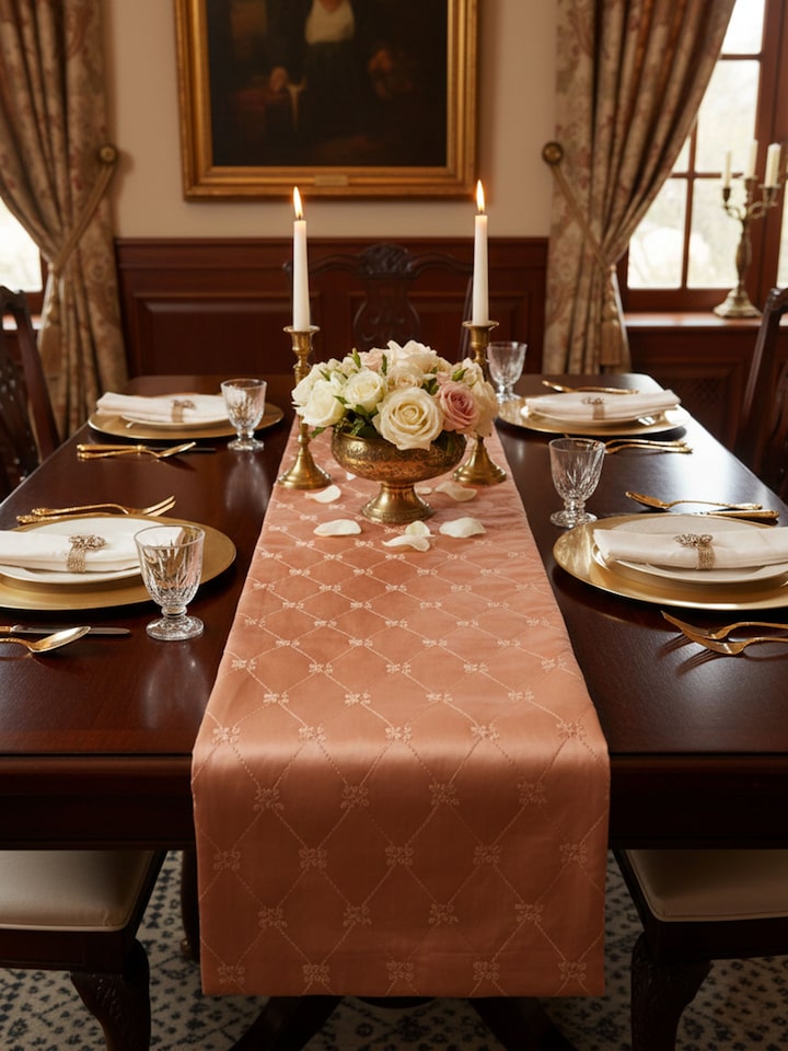 Naman peach Banarasi brocade silk table runner styled on dining table