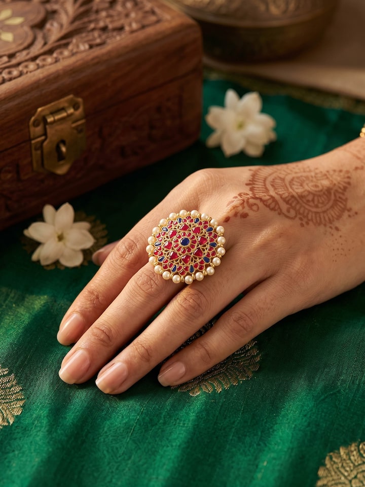 Styled view of Jadau Silver Ring worn on the finger, showing how it looks styled
