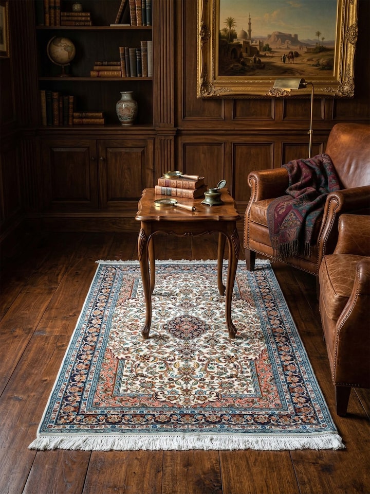 Lifestyle view of the Traditional Persian Ivory Rust Kashan Kashmir Silk Hand-Knotted Carpet