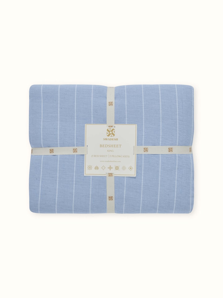 Keshod Handloom Cotton Sage Chambray Stripe King-size Bedsheet Set