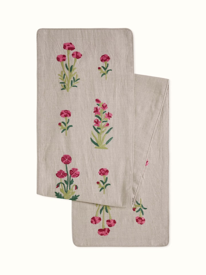 Mughal Miniature Magenta Buta Linen Kashmir Chain Stitch Hand Embroidery Table Runner